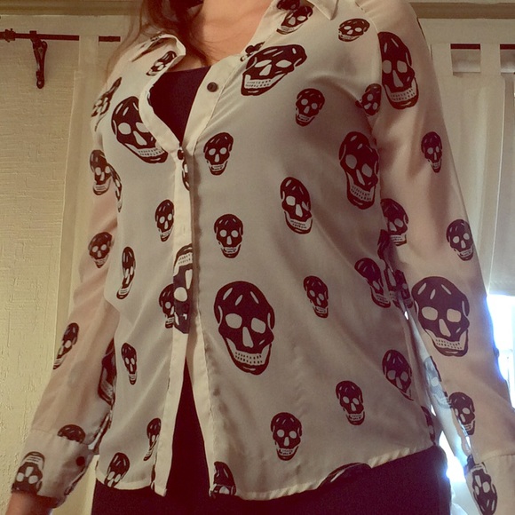Beige and Black Skull Long Sleeve Button Up Shirt