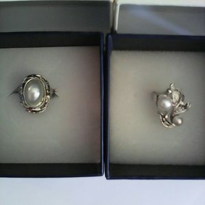 DROP! 2 faux pearl silver adjustable rings W/BOXES