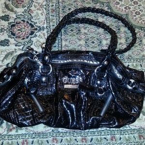 Guess black patent leather handbag braided