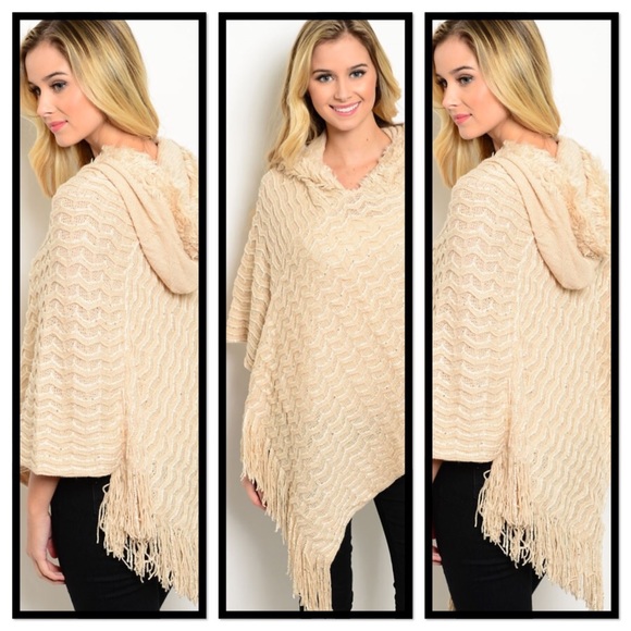 BOHO BEIGE FUR HOODED PONCHO WITH SEQUINS - Picture 4 of 4
