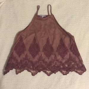 High neck top with sheer/lace overlay