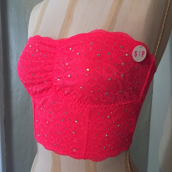 PINK Victoria's Secret Other - VS PINK Bright Coral Crystal Covered Lace Bandeau!