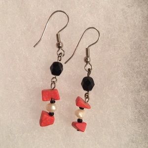 Handmade black, corral and pearl earrings