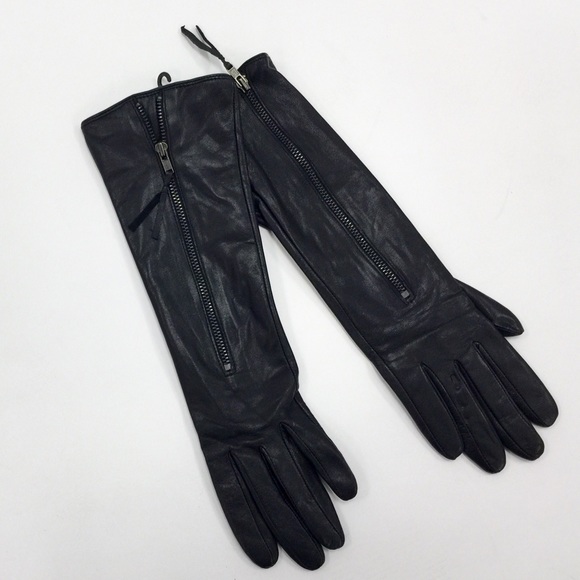 Warmen Accessories - Long Black Elbow Leather Gloves with Zipper Detail