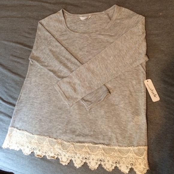 Gray sweater with lace trim