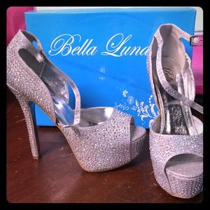 Silver rhinestoned 6 inch platform heels