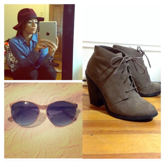 Maroon sun hat/sun glasses/gray booties BUNDLE