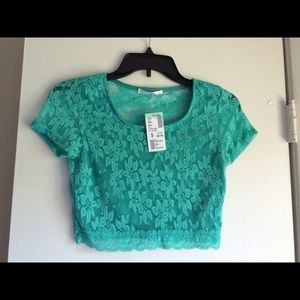 SOLD Turquoise lace crop top w sheer back, size S