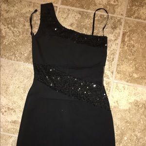 Black one shoulder with sheer cut outs, dress.
