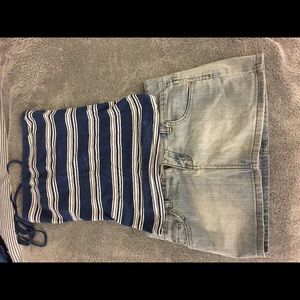 Blue/white striped tube top and Jean mini skirt