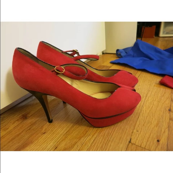 Ysl Saint Laurent Red Suede Tribtoo pumps sz 39.5