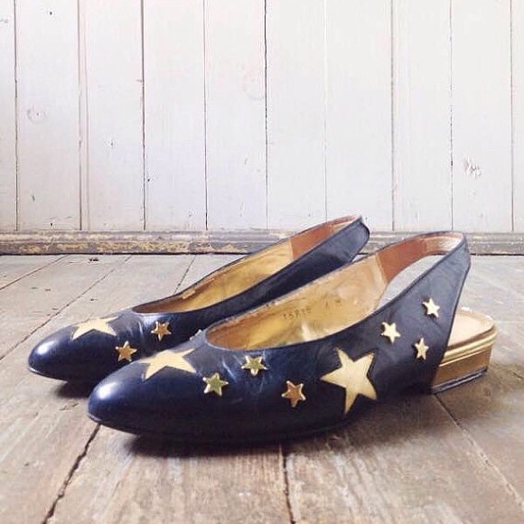 Vintage Blue + Gold Star Slingback Slip On Sandals