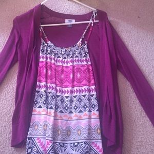 Purple cardigan with cute aztec patterning shirt!