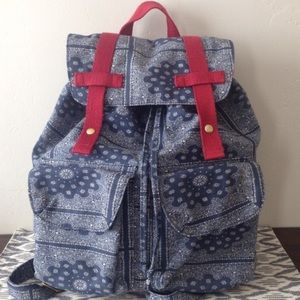 Blue Red Paisley  Printed Canvas Backpack