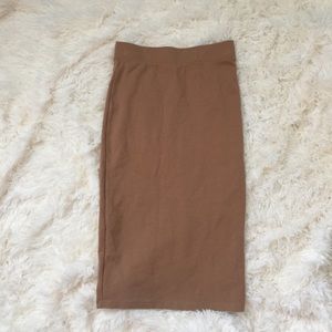 Camel colored pencil midi skirt