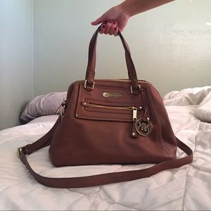 MK camel colored leather satchel w crossbody strap
