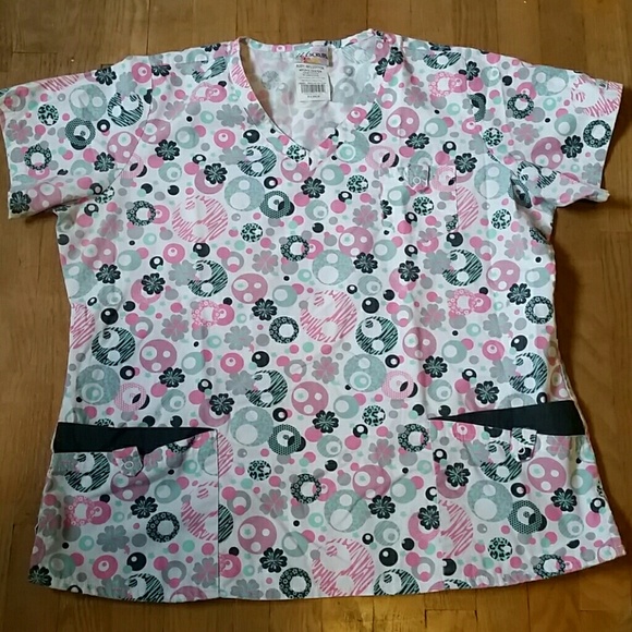 Scrub Top Grey, pink, and blue