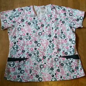 Scrub Top Grey, pink, and blue