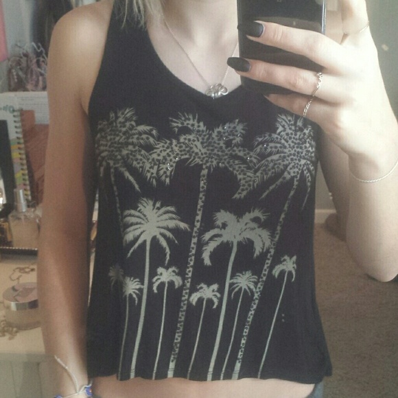 Black sparkly palm tree tank. Mesh back