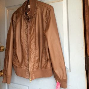 Brown Vegan Leather Bomber Jacket