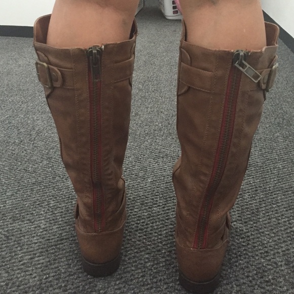 BADDIE Brown Distressed Over-The-Knee Moto Women Steve Madden brown knee high boots
