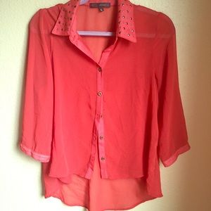 Studded orange high / low button up shirt