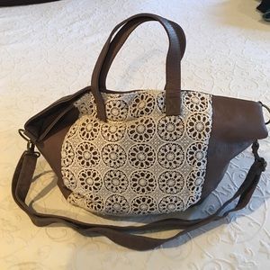 Adorable Mocha Handbag with Cream Crochet Front