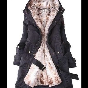 Black Lapel Fur-Lined Hooded Coat