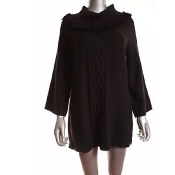 NWT $49 FRINGED COWL NECK CABLE KNIT TUNIC SWEATER Black Medium