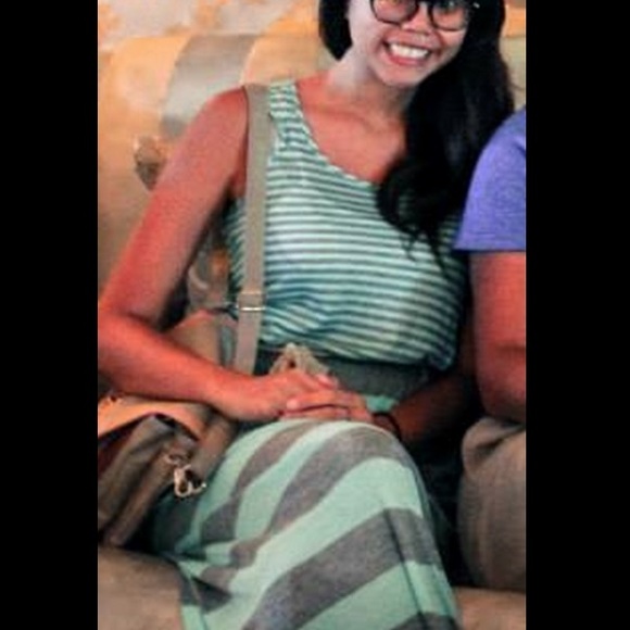 Green/grey-striped maxi dress
