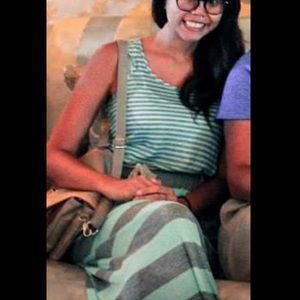 Green/grey-striped maxi dress