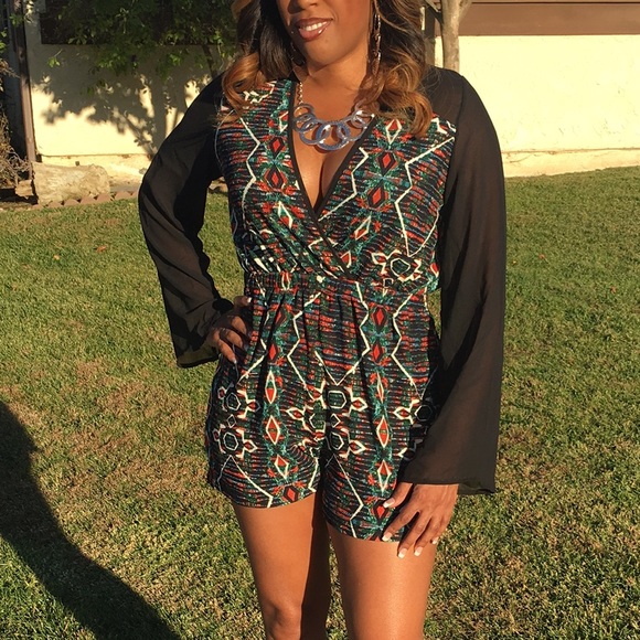 Other - Aztec Print Romper with Sheer Sleeves Jumpsuit