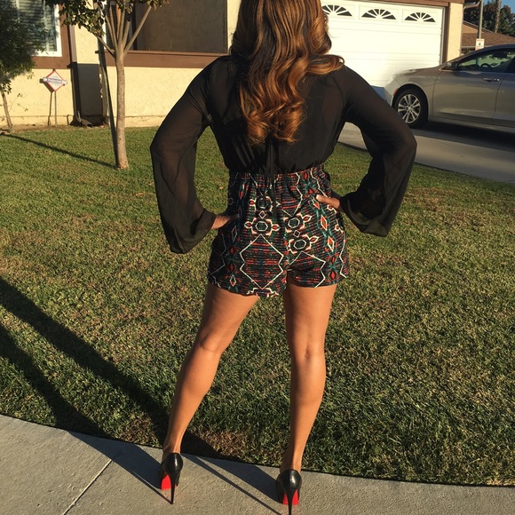 Aztec Print Romper with Sheer Sleeves Jumpsuit - Picture 2 of 4