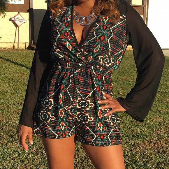 Aztec Print Romper with Sheer Sleeves Jumpsuit - Picture 3 of 4