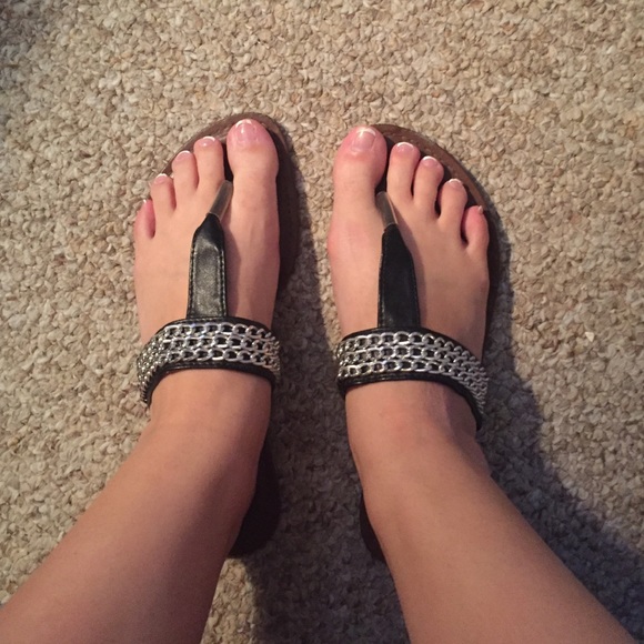 Black silver chained flip flop