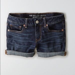 American Eagle dark wash denim midi shorts.