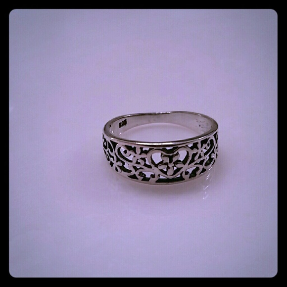 New Sterling silver heart flower filigree ring 6.5