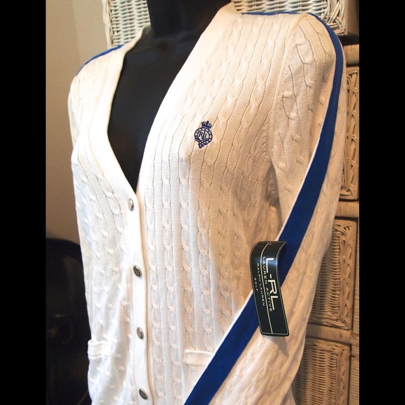 NWT RALPH LAUREN White Blue Cable Knit Cardigan