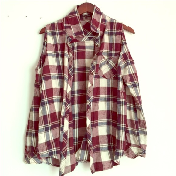 Plaid top with sleeve cutouts
