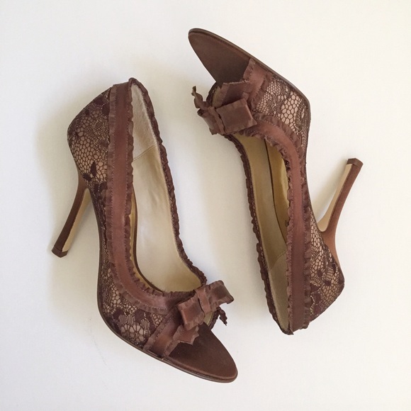 Brown Beige Lace and Ribbon Open Toe Evening Pumps