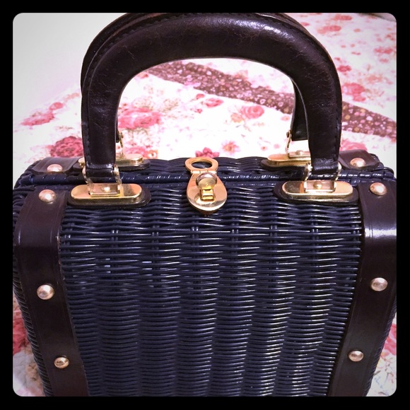 Navy Vintage Straw Handbag