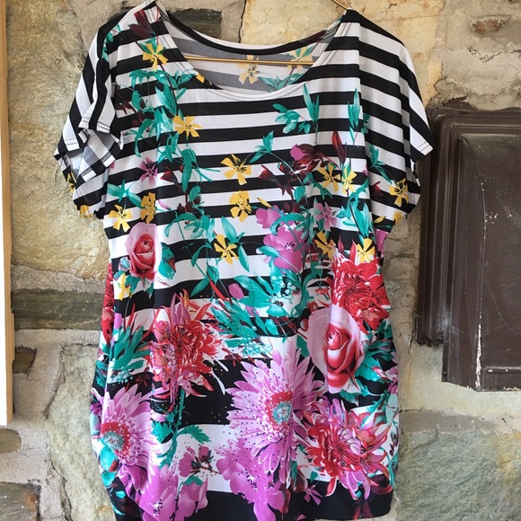 striped black and white floral + sequin tunic