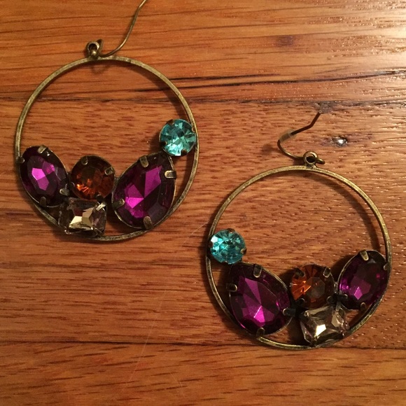 Gem Stone Dangle Hoop Earrings - Picture 2 of 3