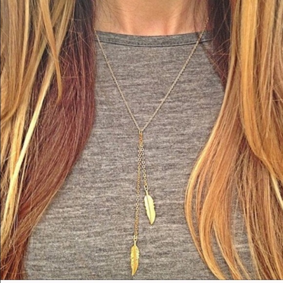Jewelry - Gold Plated Leaf Chain Dual Feather Necklace