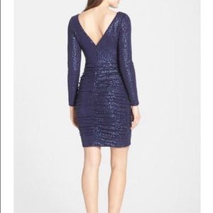 Long Sleeved ruched sequin cocktail dress