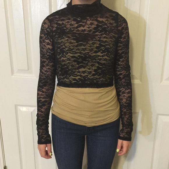 Black lace sheer long sleeve crop top with stretch