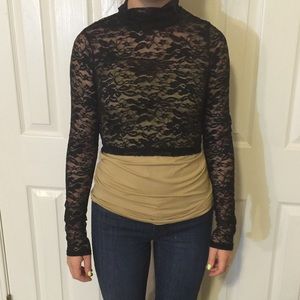 Black lace sheer long sleeve crop top with stretch