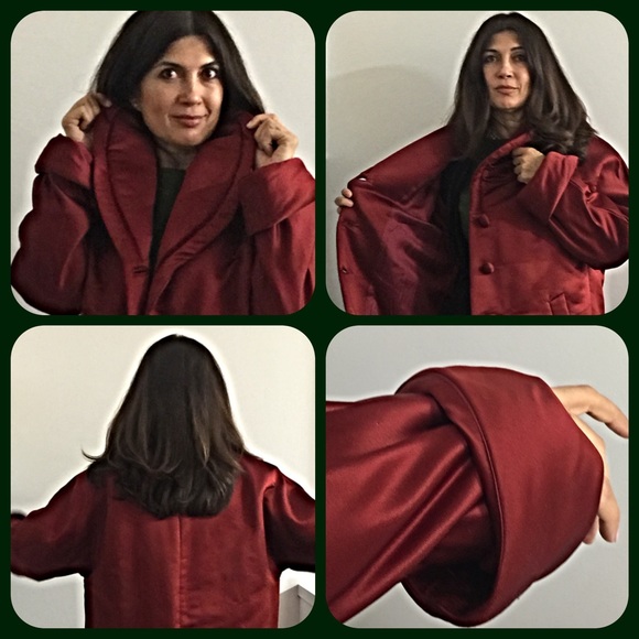 Amazing cranberry satin coat with unique design - Picture 2 of 4