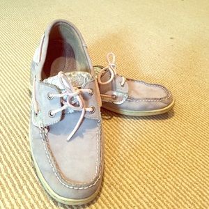 Gray and print Sperry Top Siders
