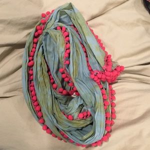 Boho Blue/Green Tie Dye Scarf with Pink PomPoms